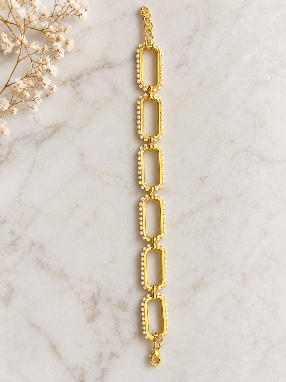 Gold Tone Faux Pearl Open Rectangle Link Bracelet Adjustable Statement Jewelry